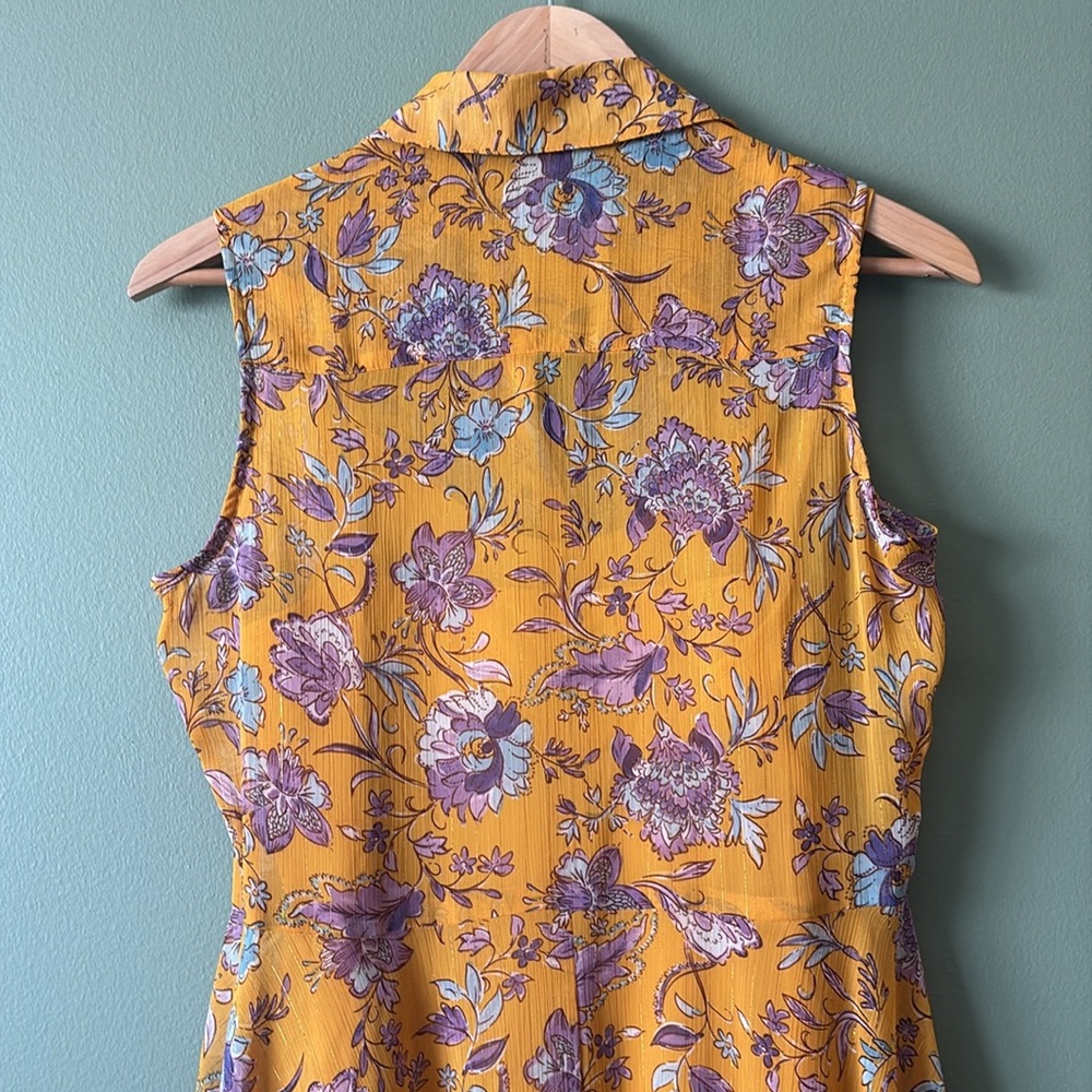 Nanette Lepore Gold Purple Floral Sheer Collared Button Down Midi Dress Sz 6 - Picture 9 of 10